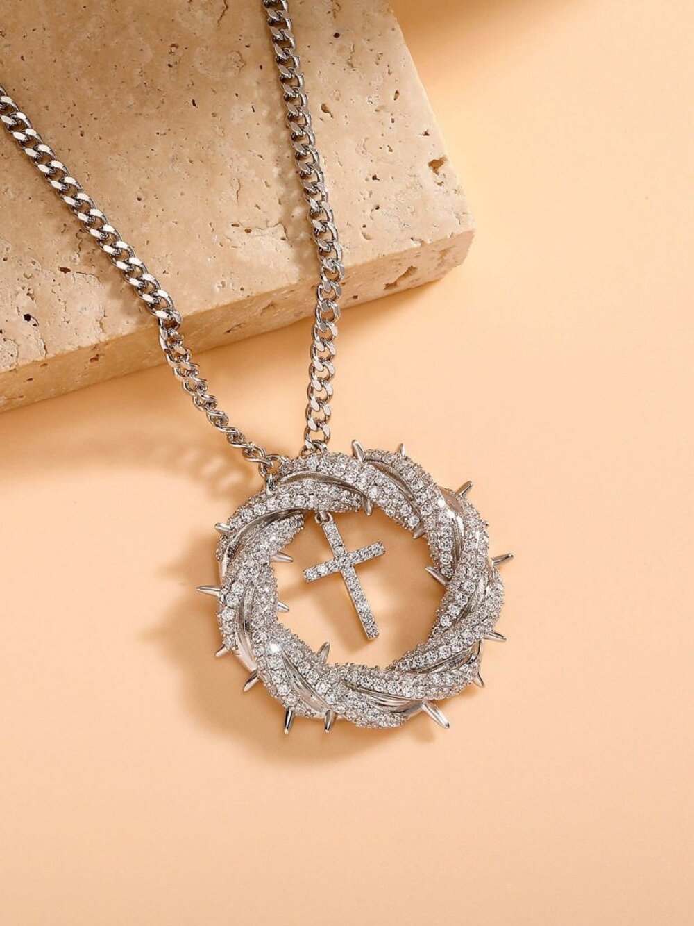 Silver Christian Cross Crown of Thorns Pendant Necklace Faith Statement Jewelry